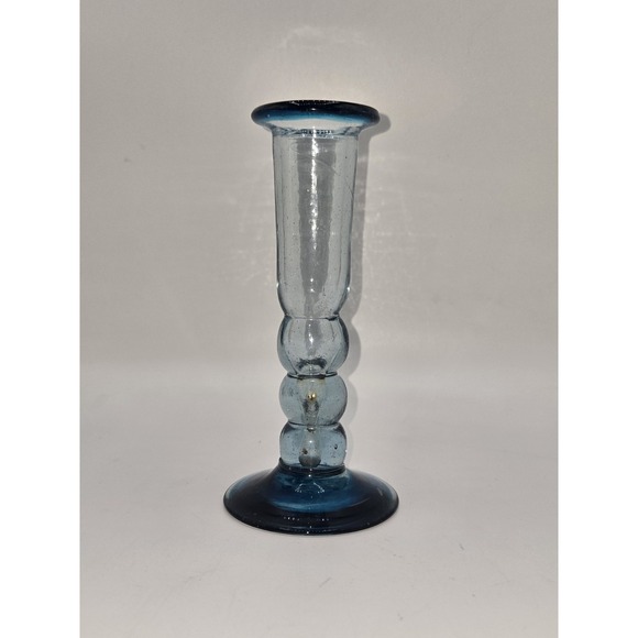 Vintage Hand Blown Teal Art Glass Candlestick Holder 6" - Picture 2 of 4